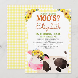 Gult Gingham Cow Birthday Boskap Barnyard Inbjudningar