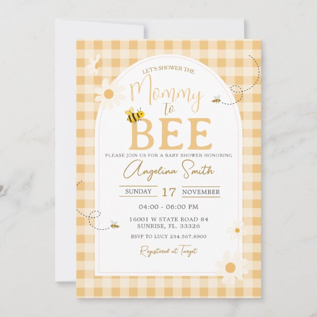 Gult Gingham Daisy Bee Mamma to Bee Baby Shower Inbjudningar (Framsida)