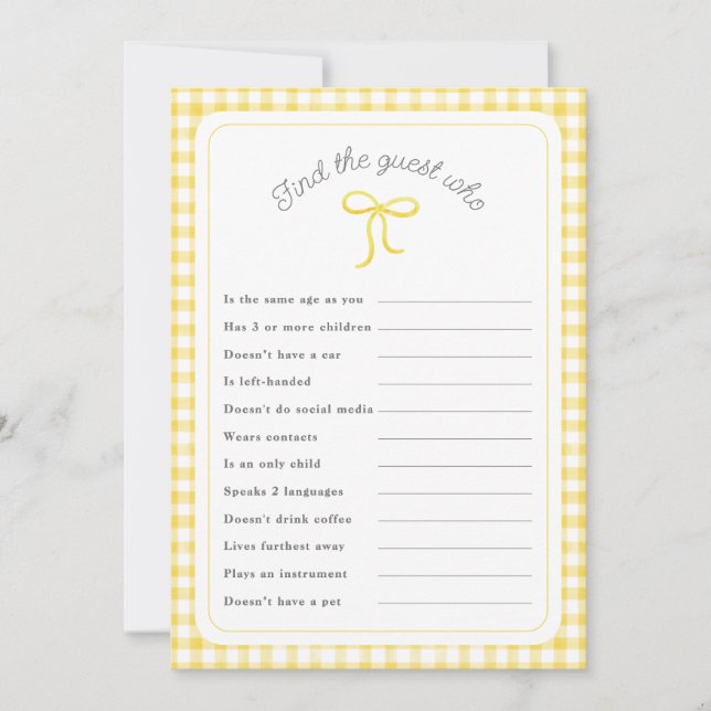 Gult Gingham Hitta gästen som duschspel Inbjudningar (Framsida)