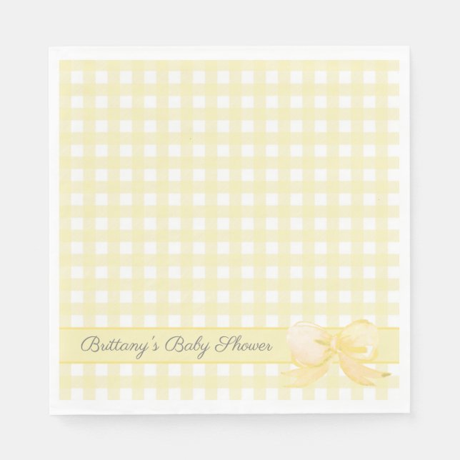 Gult Gingham med Bow Baby Shower Napkins Pappersservett (Framsidan)