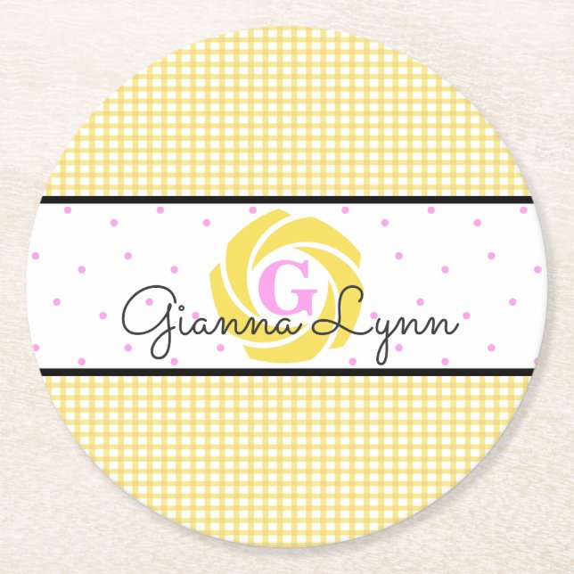 Gult Gingham-monogram Underlägg Papper Rund (Framsidan)