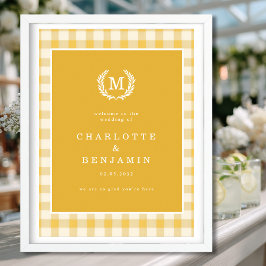 Gult Gingham Monogram Vapensköld Bröllop Välkommen Poster