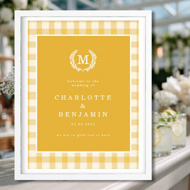 Gult Gingham Monogram Vapensköld Bröllop Välkommen Poster (Yellow Gingham Monogram Crest Wedding Welcome Poster)