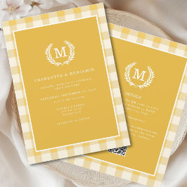 Gult Gingham Monogram Vapensköld QR-kod Inbjudningar