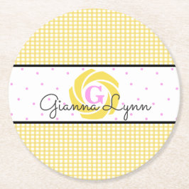 Gult Gingham Monogrammed Underlägg Papper Rund