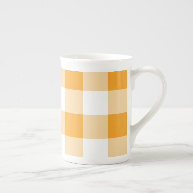 Gult Gingham Mönster Benporslin Mugg (Höger)