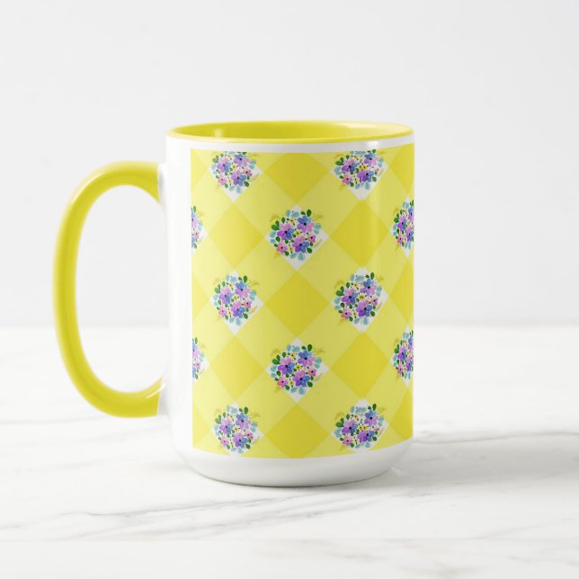 Gult Gingham och Lila Blue Blommigt Land Mugg (Vänster)