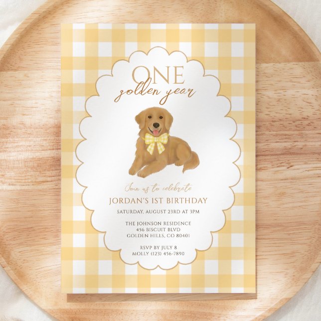 Gult Gingham One Golden Year 1st Birthday Puppy Inbjudningar (Skapare uppladdad)