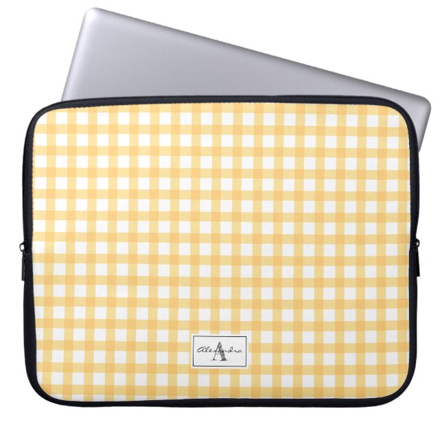 Gult Gingham Play Checked Mönster Monogram Laptop Fodral (Framsidan)