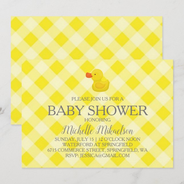 Gult Gingham Rubber Duckie Baby Shower Inbjudningar (Fram/baksida)