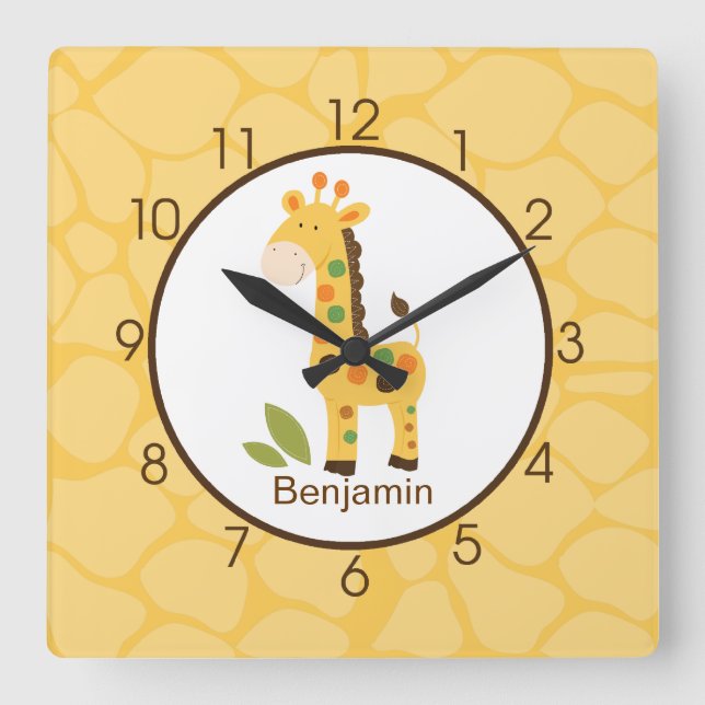 Gult Giraffe Print Personlig Nursery Clock Fyrkantig Klocka (Framsida)