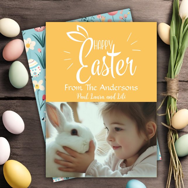 Gult Glad påsk Anpassningsbar Photo Julkort (Yellow Happy Easter Custom Photo Holiday Card)