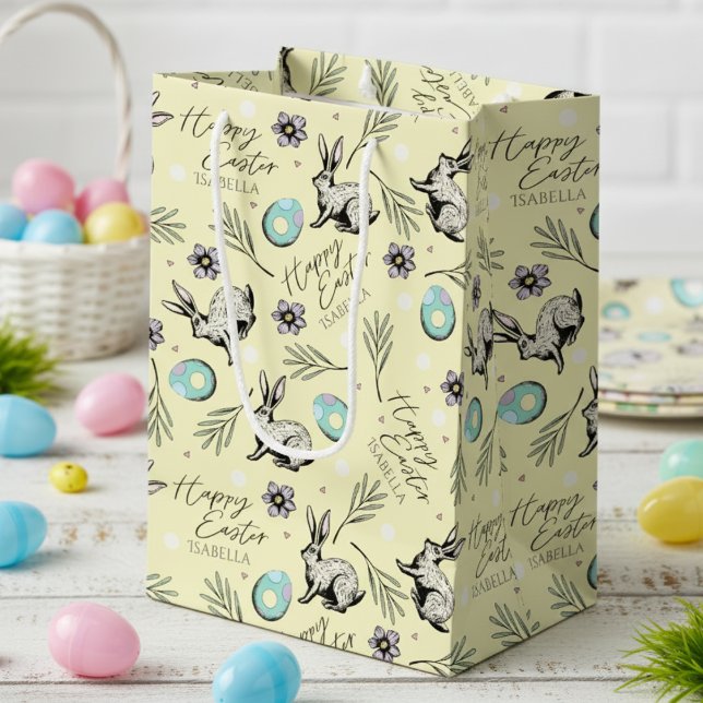 Gult Glad påsk Namn Bunny (Cute Happy Easter Pastel Yellow Gift Bags for Kids Egg Hunt with Name. Bunny Rabbit, Eggs & Flowers)