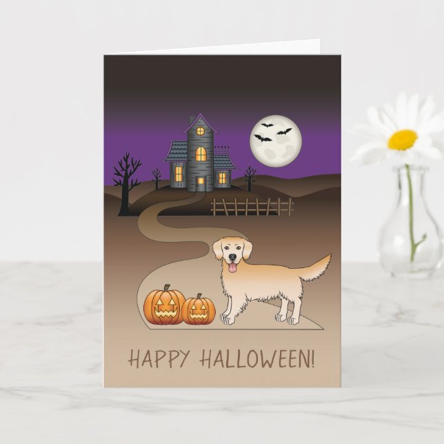Gult Golden Retriever & Halloween Haunween House H Kort (Liten växt)