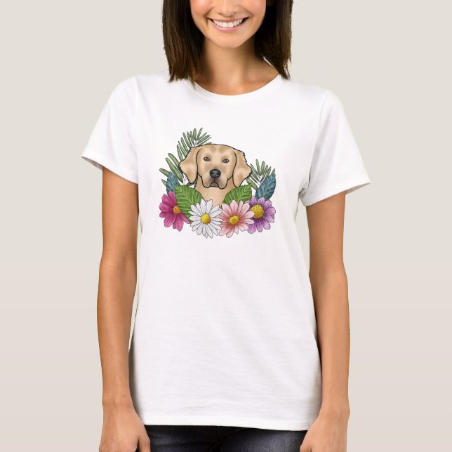 Gult Golden Retriever Head med färgade blommor T Shirt (Framsida)