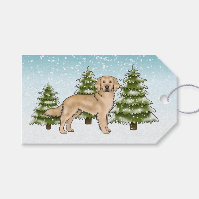 Gult Golden Retriever Hund Blue Snowy jul Presentetikett (Framsidan (Horisontell))