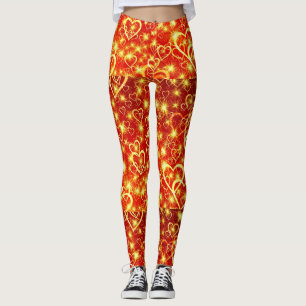 Gult Golden Sparkling Hearares on Red Background Leggings