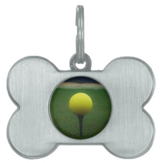 Gult Golf Boll på en golfbana i bergsområden Namnbricka Husdjur
