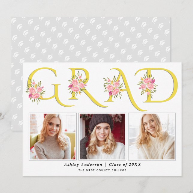 Gult GRAD-typografi rosa ros-foto studenten Meddelande (Fram/baksida)