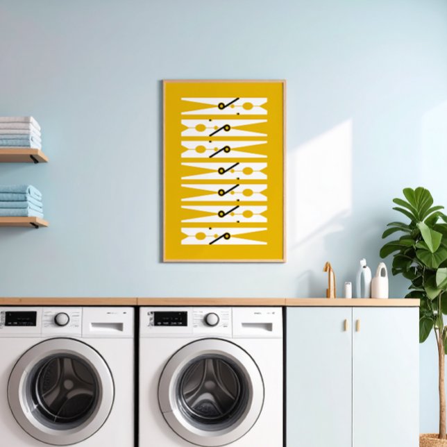 Gult Grafik Kläder Stift Tvätt Rum Art Poster (retro mustard yellow and white modern graphic clothes pins art for a fun laundry room)