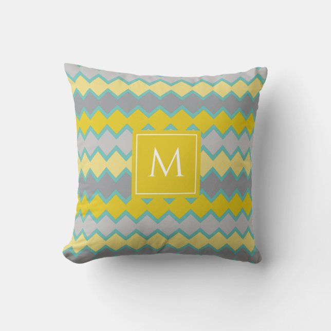 Gult Grått Aqua Geometric Mönster Monogram Kudde (Framsida)