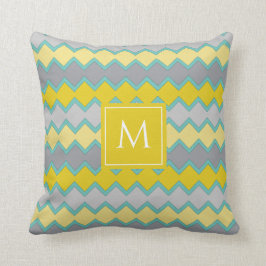 Gult Grått Aqua Geometric Mönster Monogram Kudde