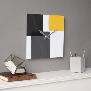 Gult Grått Black White Modern Minimalist Fyrkantig Klocka