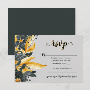Gult & Grått Blommigt Elegant Script Modern Bröllo OSA Kort