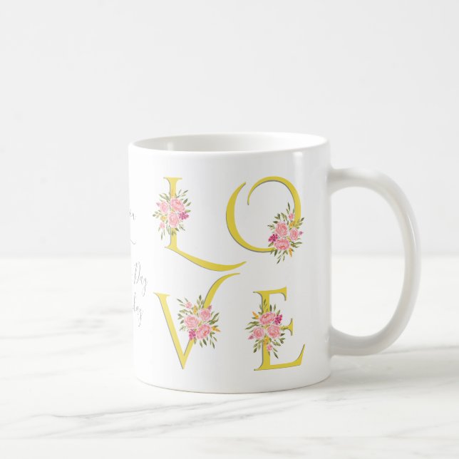Gult, grått blommigt Kärlek, typografi Valentines  Kaffemugg (Höger)