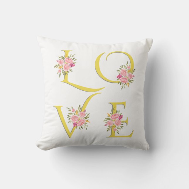 Gult, grått blommigt Kärlek, typografi Valentines  Kudde (Framsida)