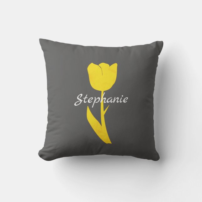 Gult Grått Blommigt Tulips Mönster Monogram Kudde (Framsida)