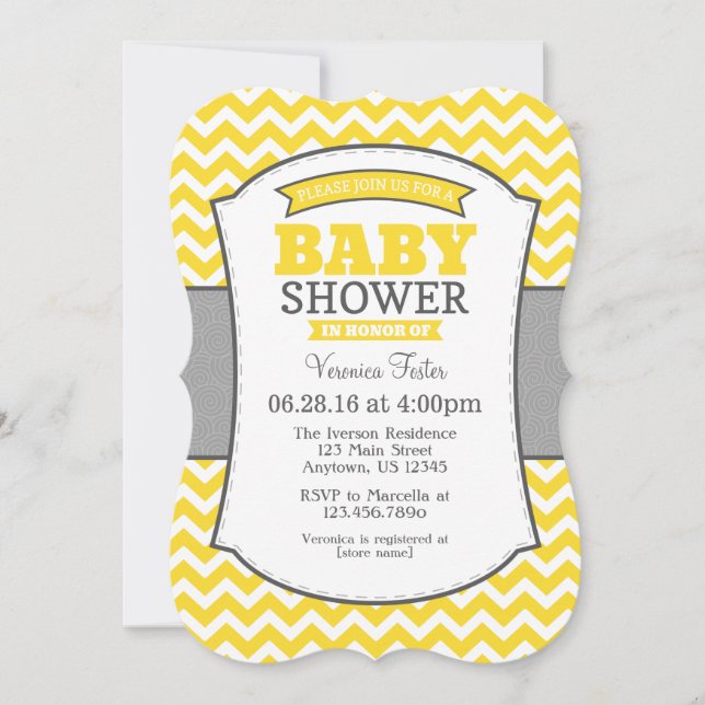 Gult Grått Chevron Baby Shower-inbjudan Inbjudningar (Framsida)