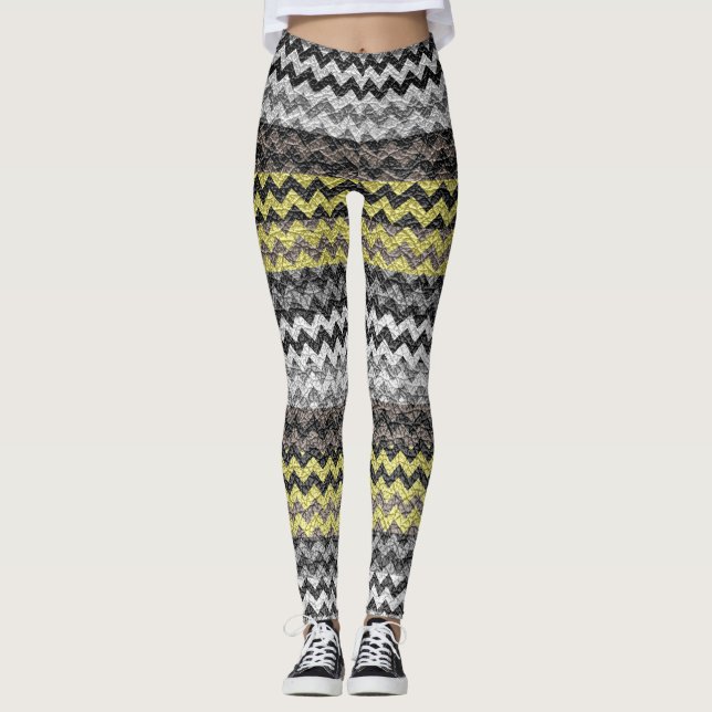 Gult Grått Chevron Modern Leather Leggings (Framsida)