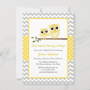 Gult Grått Chevron Neutralt Cute Uggla Baby Shower Inbjudningar