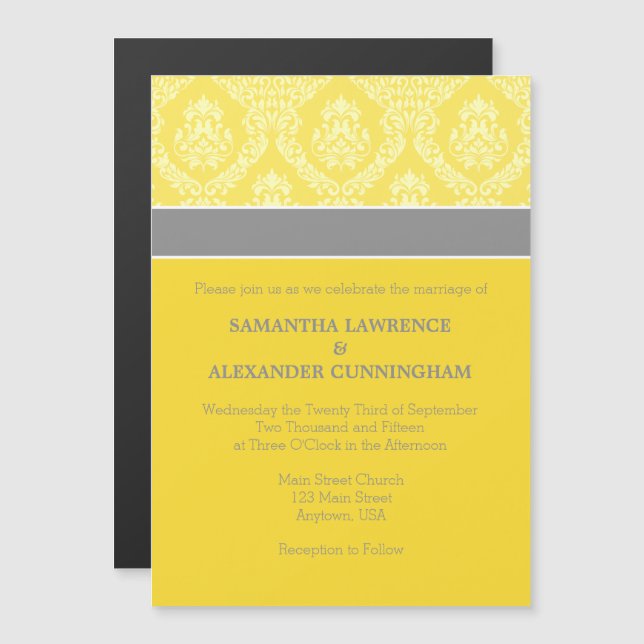 Gult Grått Damask Magnetic Wedding bjudande Magnetisk Inbjudningskort (Fram/baksida)