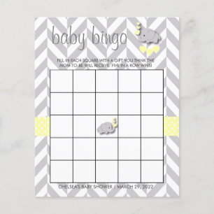Gult & Grått Elephant Baby Shower - Bingo Flygblad