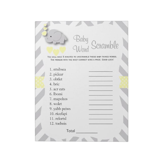 Gult & Grått Elephant Baby Shower Ord Game Anteckningsblock (Roterad)