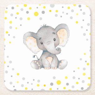 Gult Grått Elephant Neutralt Baby Shower Sprinkle Underlägg Papper Kvadrat