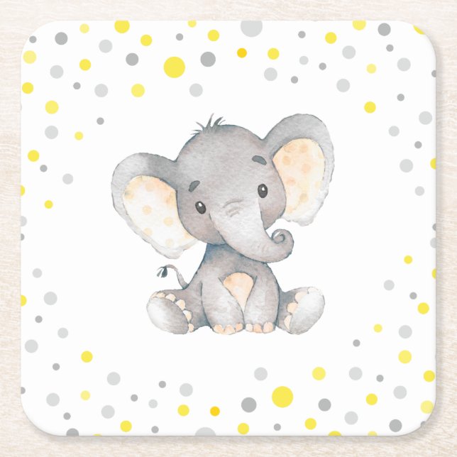 Gult Grått Elephant Neutralt Baby Shower Sprinkle Underlägg Papper Kvadrat (Framsidan)