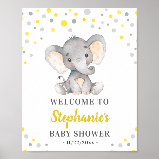 Gult Grått Elephant Polka Dot Baby Shower Välkomme Poster (Framsidan)