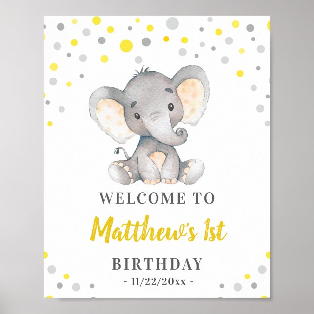 Gult Grått Elephant Polka Dot Birthday Välkommen Poster (Framsidan)