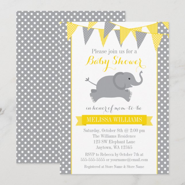 Gult Grått Elephant Polka Dot Bunting Baby Shower Inbjudningar (Fram/baksida)