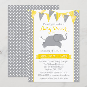 Gult Grått Elephant Polka Dot Bunting Baby Shower Inbjudningar