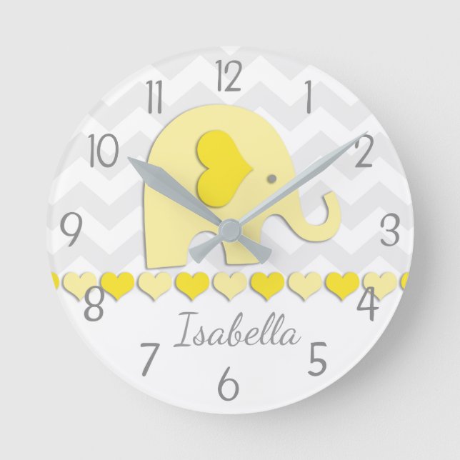 Gult Grått Elephant Wall Clock Rund Klocka (Framsida)