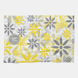 Gult Grått Flower Graphic Monogram Kökshandduk