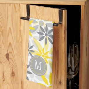 Gult Grått Flower Graphic Monogram Kökshandduk