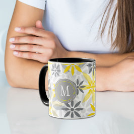 Gult Grått Flower Graphic Monogram Två-Tonad Mugg
