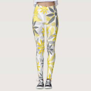 Gult Grått Flower Graphic Mönster Leggings