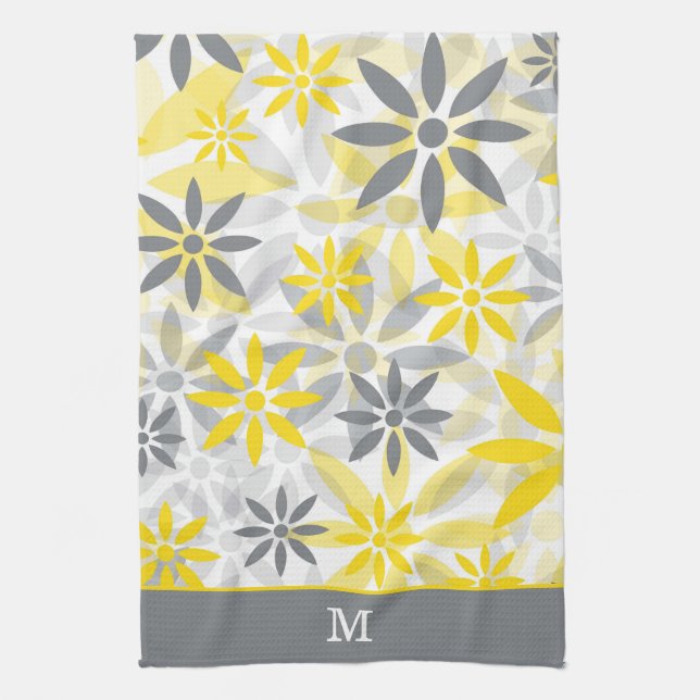 Gult Grått Flower Mönster Monogram Kökshandduk (Vertikal)