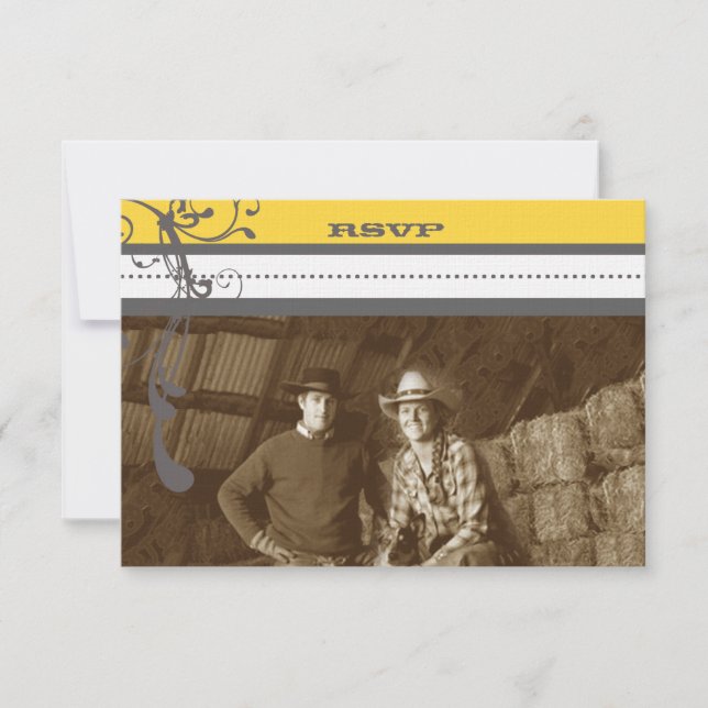 Gult & Grått Funky Swirls Bröllop spara datum Inbjudningar (Framsida)